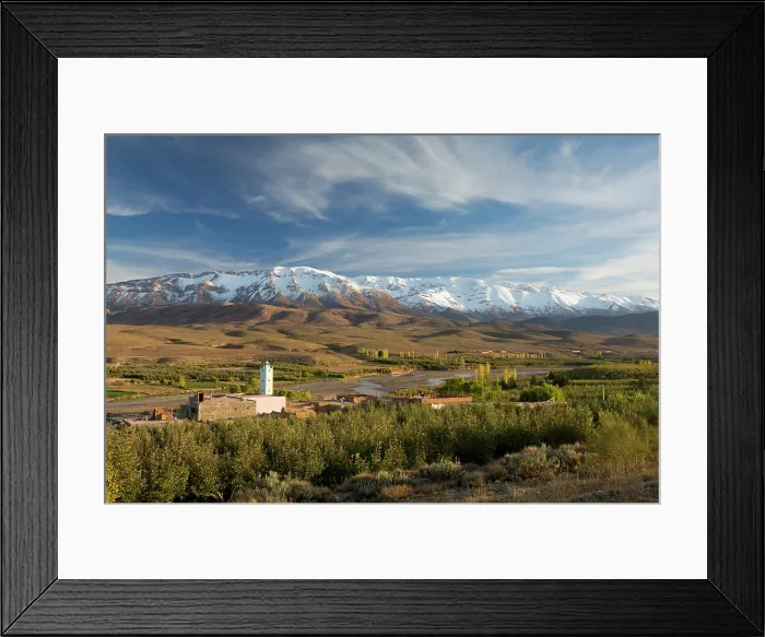 Framed Print : Africa, Morocco, Midelt, Mosque in a valley near Midelt, Middle Atlas mountains and Jbel Ayachi in the distance Framed Print : Africa, Morocco, Midelt, Mosque in a valley near Midelt, Middle Atlas mountains and Jbel Ayachi in the distance