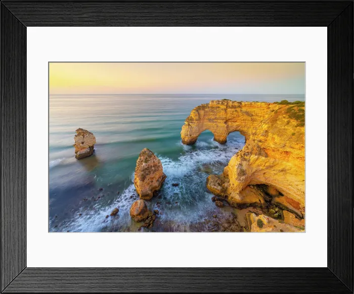 Framed Print : Portugal, Algarve, Caramujeira, Praia de Marinha, double sea arch and coastal rock formations Framed Print : Portugal, Algarve, Caramujeira, Praia de Marinha, double sea arch and coastal rock formations
