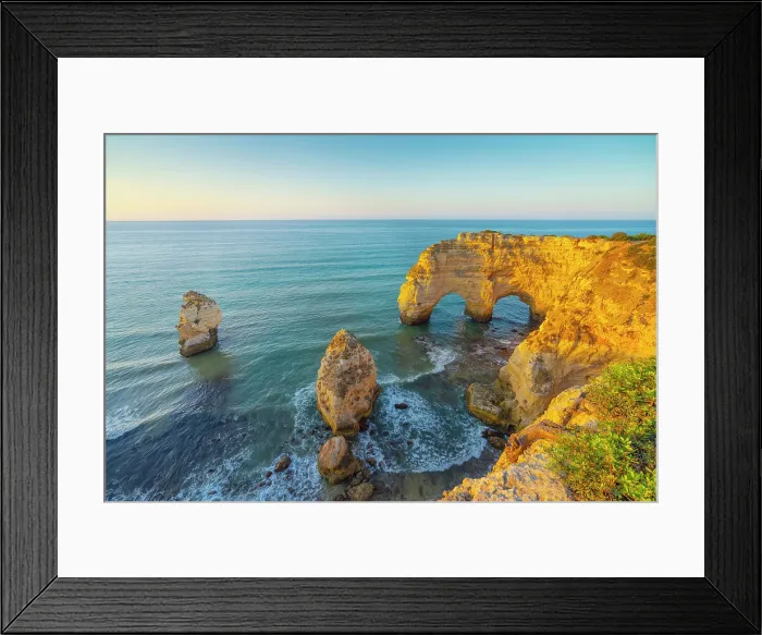 Framed Print : Portugal, Algarve, Caramujeira, Praia de Marinha, double sea arch and coastal rock formations Framed Print : Portugal, Algarve, Caramujeira, Praia de Marinha, double sea arch and coastal rock formations
