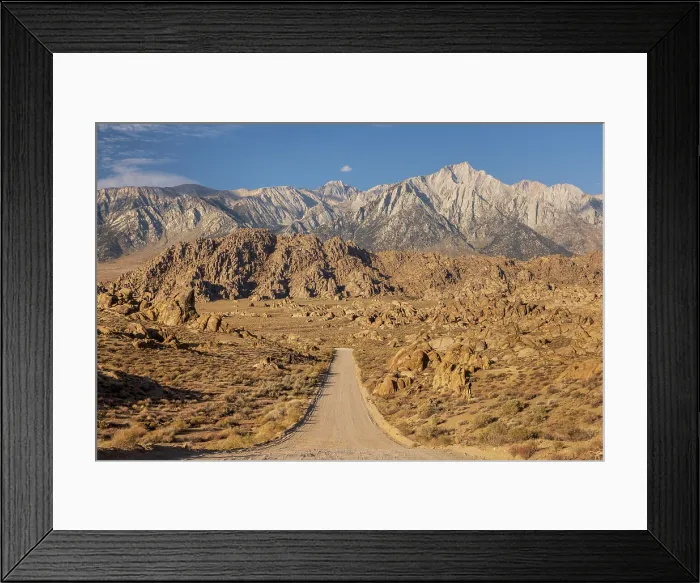 Framed Print : Movie Road through the desert of the Alabama Hills, looking towards the Sierra Nevada mountains, California, USA. Summer (August) 2025 Framed Print : Movie Road through the desert of the Alabama Hills, looking towards the Sierra Nevada mountains, California, USA. Summer (August) 2025