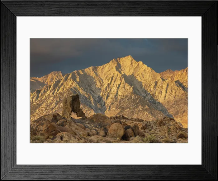 Framed Print : Boot Arch backed by Lone Pine Peak bathed in early morning light, Alabama Hills, California, USA. Summer (August) 2025 Framed Print : Boot Arch backed by Lone Pine Peak bathed in early morning light, Alabama Hills, California, USA. Summer (August) 2025
