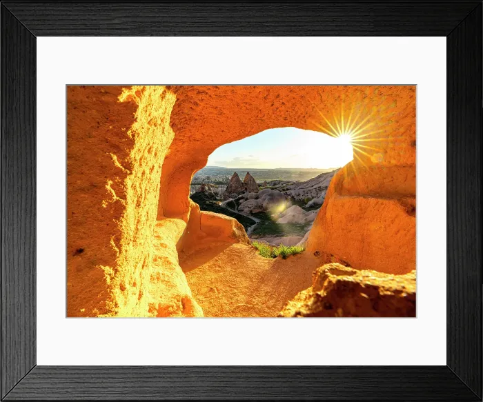 Framed Print : Fairy chimneys through rock opening at sunset, Red Valley, Goreme National Park, Cappadocia, Nevsehir Province, Turkey Framed Print : Fairy chimneys through rock opening at sunset, Red Valley, Goreme National Park, Cappadocia, Nevsehir Province, Turkey