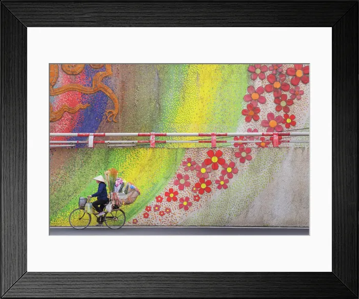 Framed Print : Flower seller with her bicycle by the famous ceramic flower mural, Hanoi, North Vietnam, Asia Framed Print : Flower seller with her bicycle by the famous ceramic flower mural, Hanoi, North Vietnam, Asia