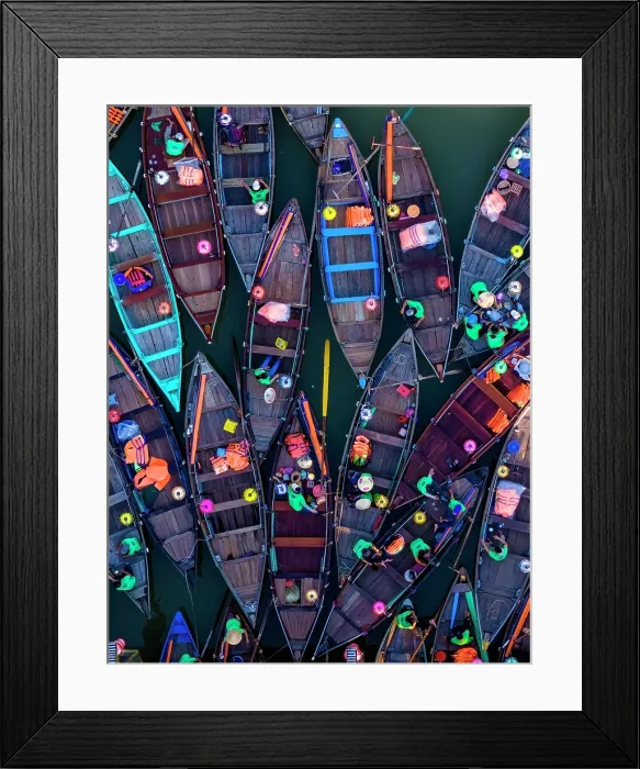 Framed Print : Aerial view of lantern boats on the Hoai River at dusk, Hoi An, Central Vietnam, Asia