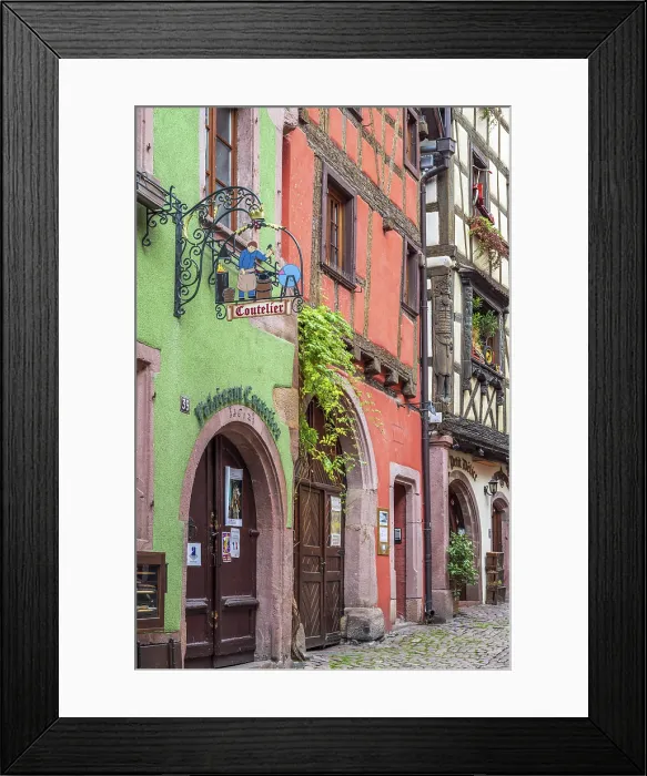 Framed Print : Picturesque street with traditional half-timbered houses, Riquewihr, Haut-Rhin, Alsace, Grand Est, France