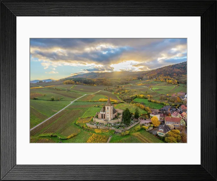 Framed Print : Aerial view at fortified church of Saint Jacques, Hunawihr, Alsace, Alsace Wine Road, Haut-Rhin, Grand Est, France Framed Print : Aerial view at fortified church of Saint Jacques, Hunawihr, Alsace, Alsace Wine Road, Haut-Rhin, Grand Est, France