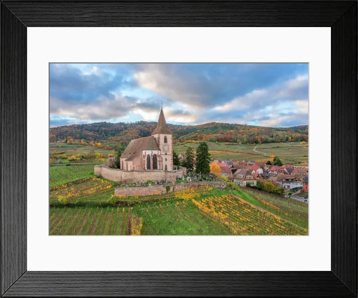 Framed Print : Aerial view at fortified church of Saint Jacques, Hunawihr, Alsace, Alsace Wine Road, Haut-Rhin, Grand Est, France Framed Print : Aerial view at fortified church of Saint Jacques, Hunawihr, Alsace, Alsace Wine Road, Haut-Rhin, Grand Est, France