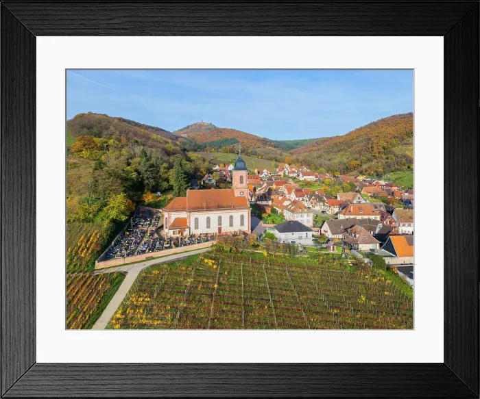 Framed Print : Aerial view at the church of Orschwiller with the Chateau du Haut-Konigsbourg, Alsace, Alsace Wine Road, Bas-Rhin, Grand Est, France