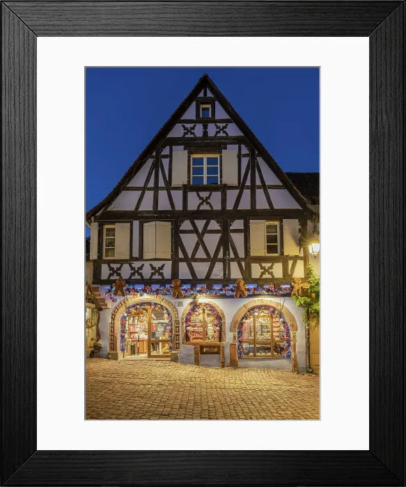 Framed Print : Picturesque half-timbered house adorned with christmas decorations, Riquewihr, Haut-Rhin, Alsace, Grand Est, France
