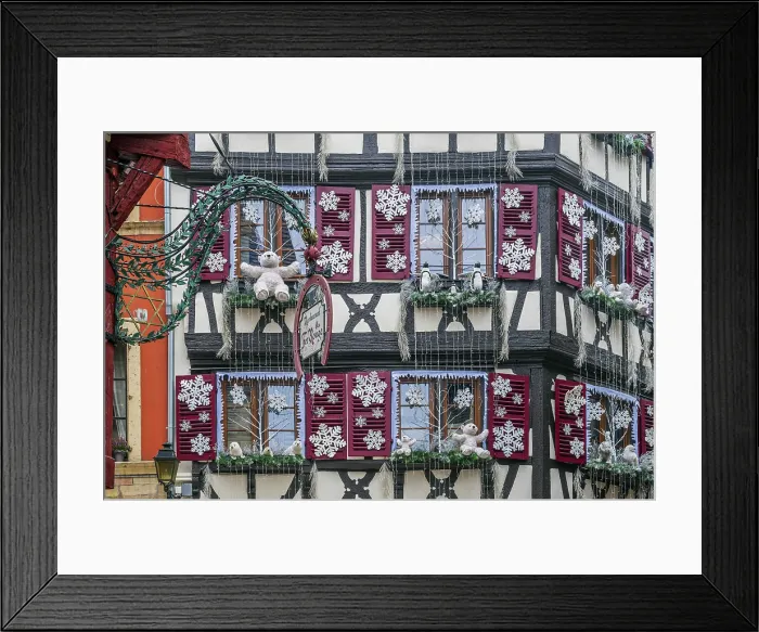 Framed Print : Half-timbered house adorned with Christmas decorations in the old town, Colmar, Haut-Rhin, Alsace, Grand Est, France Framed Print : Half-timbered house adorned with Christmas decorations in the old town, Colmar, Haut-Rhin, Alsace, Grand Est, France