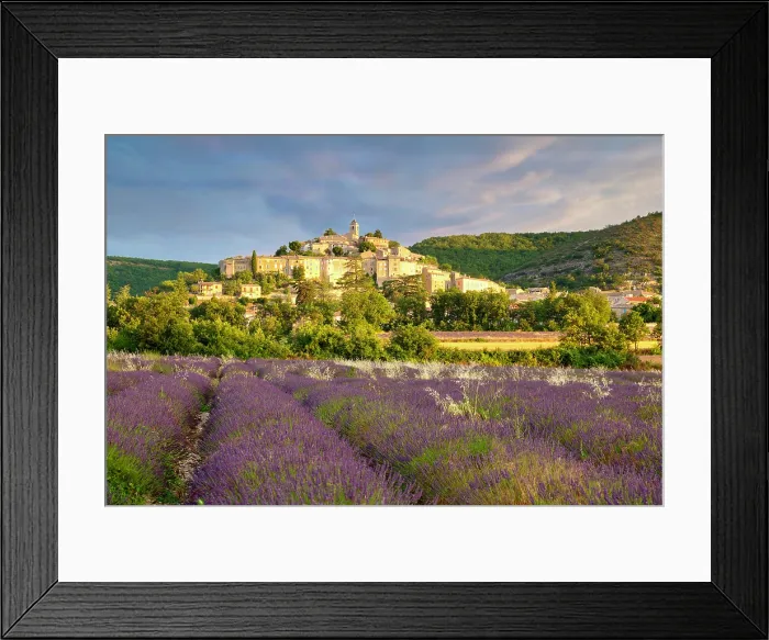 Framed Print : France, Provence Alpes Cote d'Azur, Provence, Banon, lavender fields in front of the hilltop village of Banon