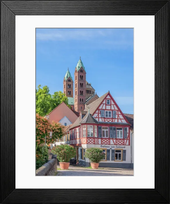 Framed Print : Speyer Cathedral with restaurant in half-timbered house, Speyer, Way of St. James, Rhineland-Palatinate, Germany
