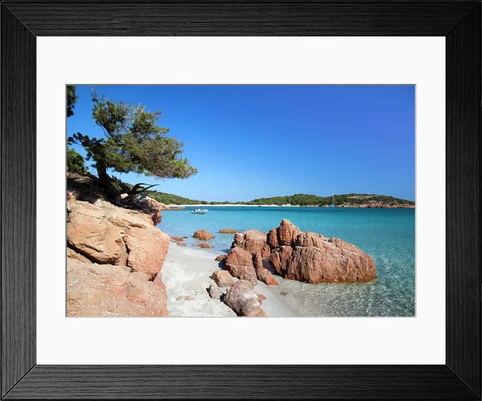 Framed Print : Europe, France Corsica, Corse, A boat is moored up next to the picturesque beach of Rondinara Framed Print : Europe, France Corsica, Corse, A boat is moored up next to the picturesque beach of Rondinara