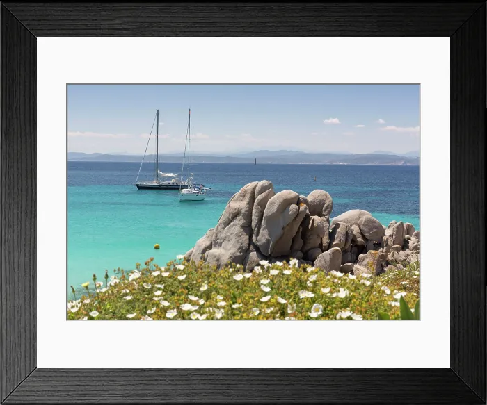Framed Print : Europe, France Corsica, Corse-du-Sud, Lavezzi Islands, yachts in the calm waters of the Lavezzi Islands in the far south of Corsica with wild flowers in the foreground Framed Print : Europe, France Corsica, Corse-du-Sud, Lavezzi Islands, yachts in the calm waters of the Lavezzi Islands in the far south of Corsica with wild flowers in the foreground
