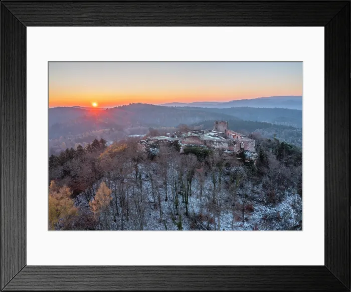 Framed Print : Aerial view at the sunrise above Lindelbrunn castle, Vorderweidenthal, Wasgau, Dahner Felsenland, Palatinate Forest, Rhineland-Palatinate, Germany Framed Print : Aerial view at the sunrise above Lindelbrunn castle, Vorderweidenthal, Wasgau, Dahner Felsenland, Palatinate Forest, Rhineland-Palatinate, Germany