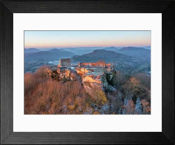 Framed Print : Aerial view at Lindelbrunn castle in early morning light, Vorderweidenthal, Wasgau, Dahner Felsenland, Palatinate Forest, Rhineland-Palatinate, Germany