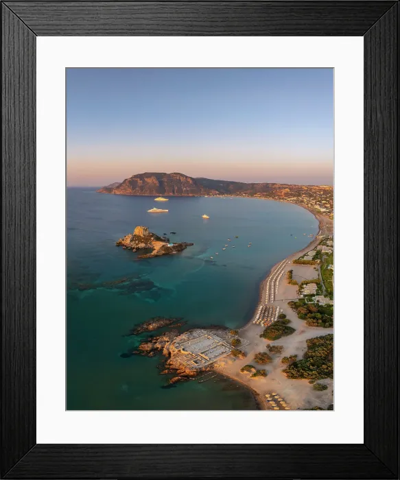 Framed Print : Greece, Dodecanese, Kos Island, Kamari Bay, Agios Stefanos Beach, Saint Stefanos Basilica Ruins and Kastri Island at sunset Framed Print : Greece, Dodecanese, Kos Island, Kamari Bay, Agios Stefanos Beach, Saint Stefanos Basilica Ruins and Kastri Island at sunset