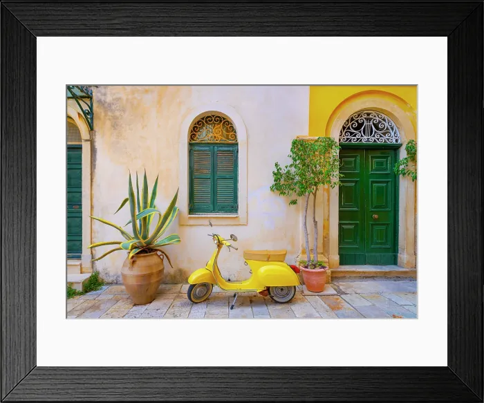 Framed Print : Greece, Ionian Islands, Corfu, Corfu town, yellow Vespa scooter Framed Print : Greece, Ionian Islands, Corfu, Corfu town, yellow Vespa scooter