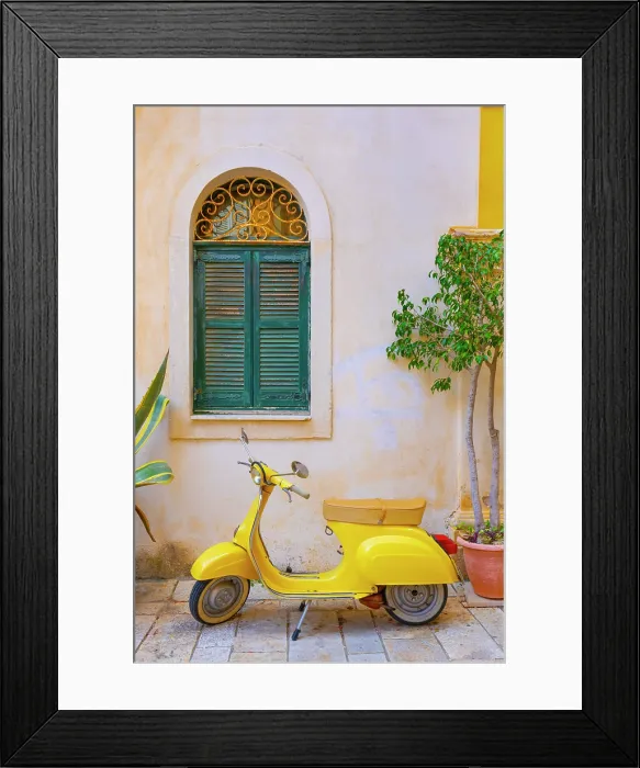 Framed Print : Greece, Ionian Islands, Corfu, Corfu town, yellow Vespa scooter