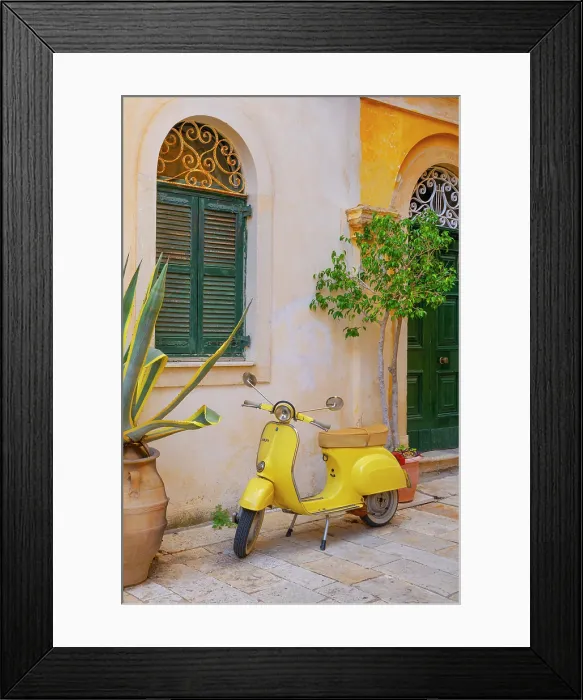 Framed Print : Greece, Ionian Islands, Corfu, Corfu town, yellow Vespa scooter
