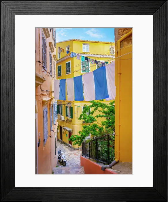 Framed Print : Greece, Ionian Islands, Corfu, Corfu town, washing lines between buildings