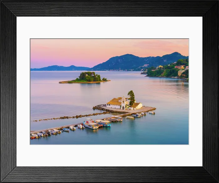 Framed Print : Greece, Ionian Islands, Corfu, Vlacherna Monastery and the Church of Pantokrator at dusk Framed Print : Greece, Ionian Islands, Corfu, Vlacherna Monastery and the Church of Pantokrator at dusk