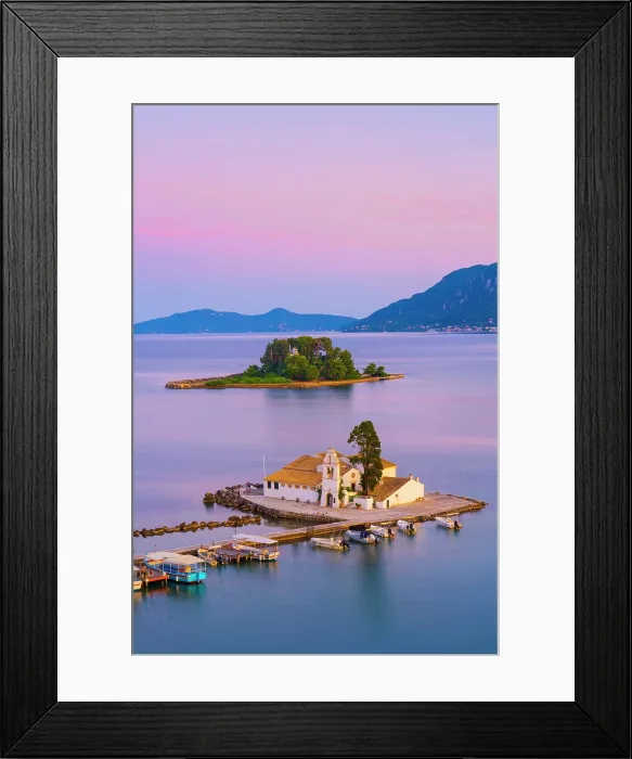 Framed Print : Greece, Ionian Islands, Corfu, Vlacherna Monastery and the Church of Pantokrator at dusk Framed Print : Greece, Ionian Islands, Corfu, Vlacherna Monastery and the Church of Pantokrator at dusk