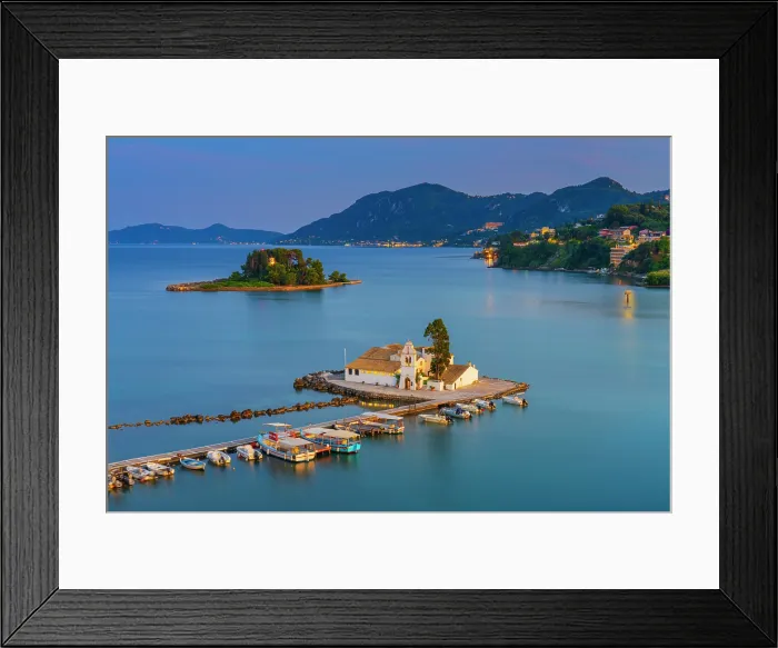 Framed Print : Greece, Ionian Islands, Corfu, Vlacherna Monastery and the Church of Pantokrator at dusk Framed Print : Greece, Ionian Islands, Corfu, Vlacherna Monastery and the Church of Pantokrator at dusk