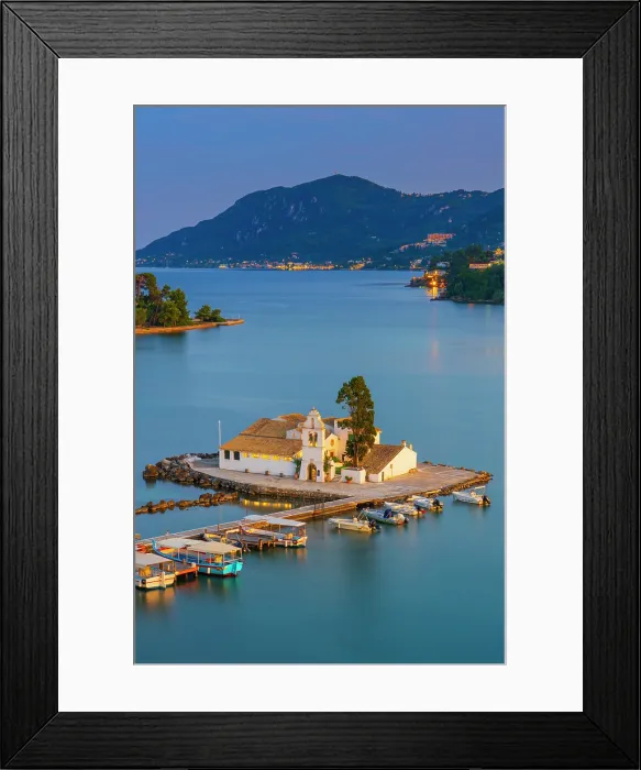 Framed Print : Greece, Ionian Islands, Corfu, Vlacherna Monastery and the Church of Pantokrator at dusk Framed Print : Greece, Ionian Islands, Corfu, Vlacherna Monastery and the Church of Pantokrator at dusk