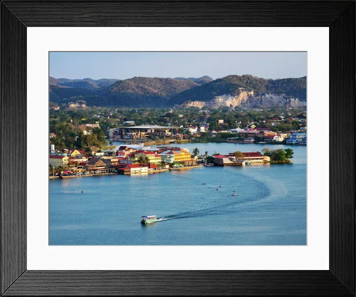Framed Print : Flores Island at sunset, elevated view, Peten Department, Guatemala Framed Print : Flores Island at sunset, elevated view, Peten Department, Guatemala