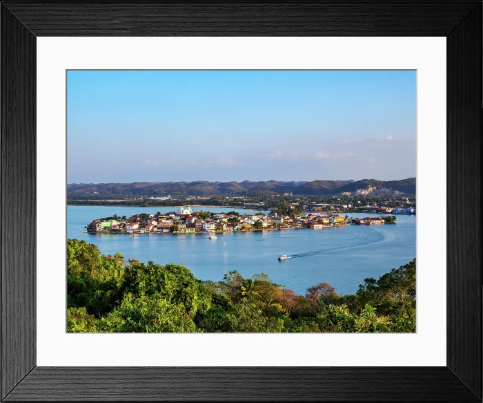 Framed Print : Flores Island at sunset, elevated view, Peten Department, Guatemala Framed Print : Flores Island at sunset, elevated view, Peten Department, Guatemala