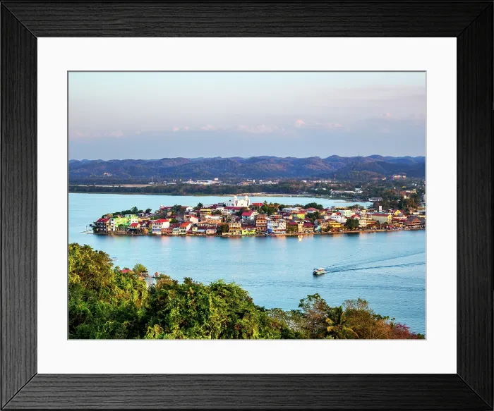 Framed Print : Flores Island at sunset, elevated view, Peten Department, Guatemala Framed Print : Flores Island at sunset, elevated view, Peten Department, Guatemala