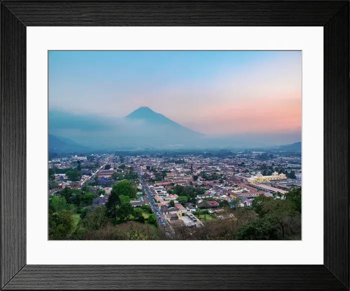 Framed Print : View from Cerro de La Cruz towards the city and Agua Volcano at dusk, Antigua Guatemala, Sacatepequez Department, Guatemala Framed Print : View from Cerro de La Cruz towards the city and Agua Volcano at dusk, Antigua Guatemala, Sacatepequez Department, Guatemala