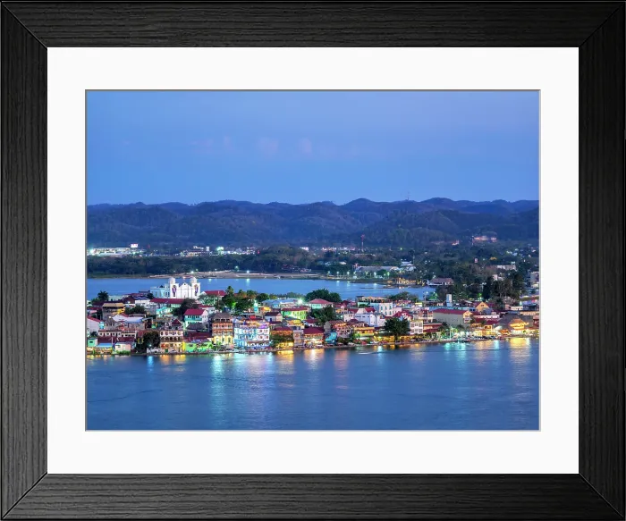 Framed Print : Flores Island at dusk, elevated view, Peten Department, Guatemala Framed Print : Flores Island at dusk, elevated view, Peten Department, Guatemala