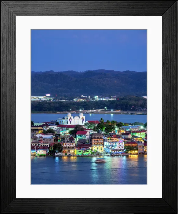 Framed Print : Flores Island at dusk, elevated view, Peten Department, Guatemala Framed Print : Flores Island at dusk, elevated view, Peten Department, Guatemala