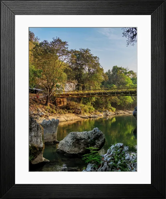 Framed Print : Bridge over the Cahabon River at sunrise, Semuc Champey, Lanquin, Alta Verapaz Department, Guatemala