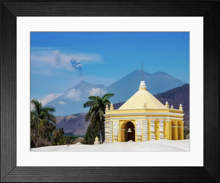 Framed Print : View over the roof of Church and Convent of La Merced towards Fuego Volcano, Antigua Guatemala, Sacatepequez Department, Guatemala Framed Print : View over the roof of Church and Convent of La Merced towards Fuego Volcano, Antigua Guatemala, Sacatepequez Department, Guatemala