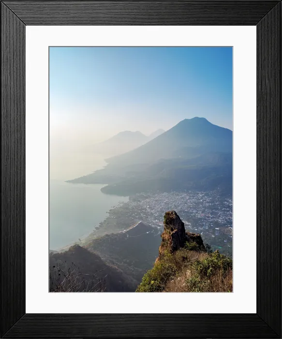 Framed Print : View from Rostro Maya or Indian Nose over Lake Atitlan and San Juan La Laguna towards San Pedro Volcano at sunrise, Solola Department, Guatemala Framed Print : View from Rostro Maya or Indian Nose over Lake Atitlan and San Juan La Laguna towards San Pedro Volcano at sunrise, Solola Department, Guatemala