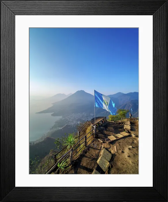 Framed Print : View from Rostro Maya or Indian Nose over Lake Atitlan and San Juan La Laguna towards San Pedro Volcano at sunrise, Solola Department, Guatemala