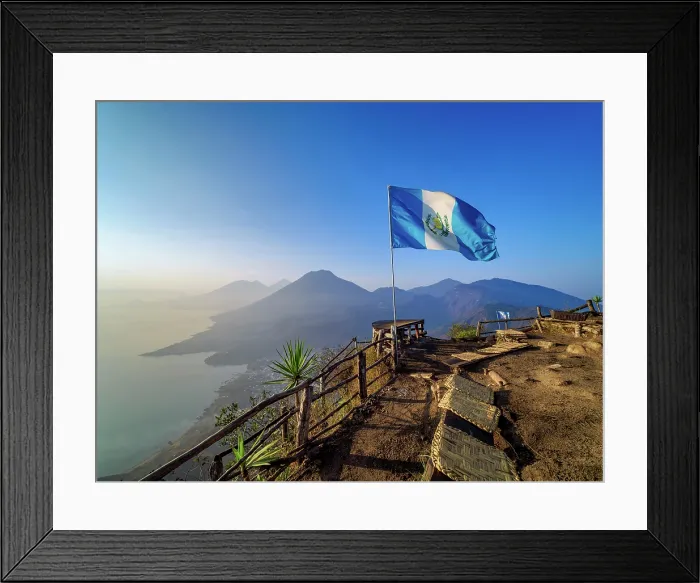 Framed Print : View from Rostro Maya or Indian Nose over Lake Atitlan towards San Pedro Volcano at sunrise, Solola Department, Guatemala Framed Print : View from Rostro Maya or Indian Nose over Lake Atitlan towards San Pedro Volcano at sunrise, Solola Department, Guatemala