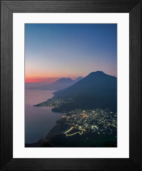 Framed Print : View from Rostro Maya or Indian Nose over Lake Atitlan and San Juan La Laguna towards San Pedro Volcano at dawn, Solola Department, Guatemala Framed Print : View from Rostro Maya or Indian Nose over Lake Atitlan and San Juan La Laguna towards San Pedro Volcano at dawn, Solola Department, Guatemala