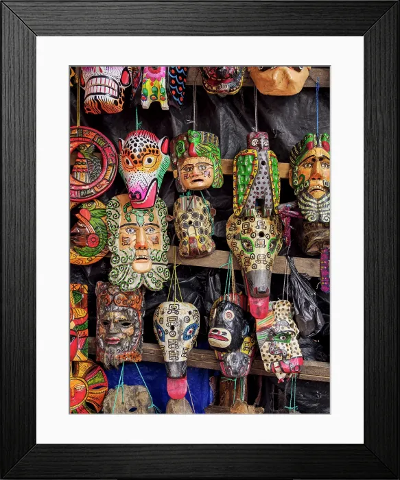 Framed Print : Masks at the Handicraft Market, Chichicastenango, El Quiche Department, Guatemala