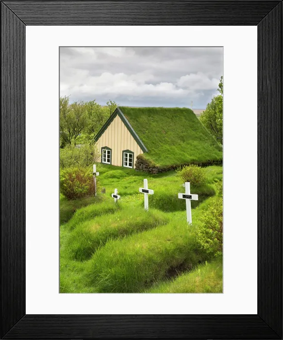 Framed Print : Iceland; South Iceland; Hofskirkja, Turf church and graveyard Framed Print : Iceland; South Iceland; Hofskirkja, Turf church and graveyard