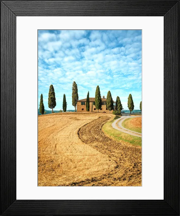 Framed Print : Idyllic farmhouse surrounded by cypress trees in the Tuscan countryside. Orcia valley, Siena province, Tuscany, Italy Framed Print : Idyllic farmhouse surrounded by cypress trees in the Tuscan countryside. Orcia valley, Siena province, Tuscany, Italy