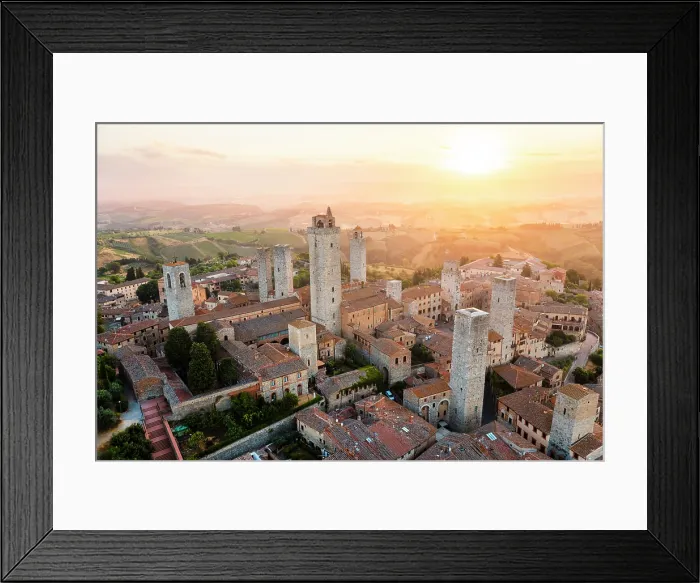 Framed Print : Aerial view of San Gimignano with its characteristic towers at sunrise. San Gimignano, Siena province, Tuscany, Italy Framed Print : Aerial view of San Gimignano with its characteristic towers at sunrise. San Gimignano, Siena province, Tuscany, Italy