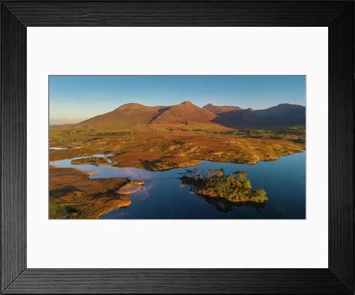 Framed Print : Aerial View over Pine Island on Derryclare Lough, Connemara, County Galway, Ireland Framed Print : Aerial View over Pine Island on Derryclare Lough, Connemara, County Galway, Ireland