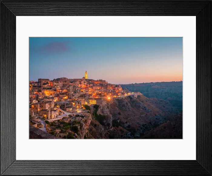 Framed Print : Panoramic view of Sasso Caveoso of Matera at dusk. Matera, Basilicata, Italy Framed Print : Panoramic view of Sasso Caveoso of Matera at dusk. Matera, Basilicata, Italy
