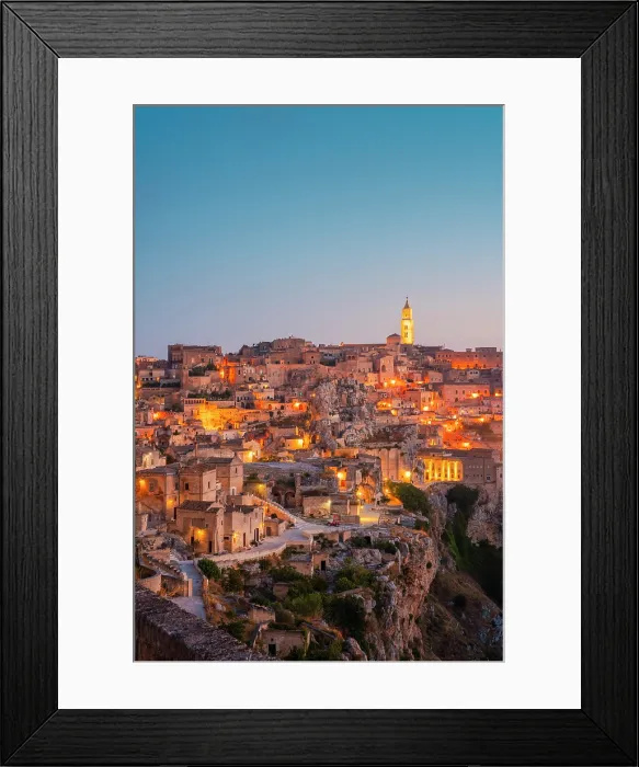 Framed Print : Panoramic view of Sasso Caveoso of Matera at dusk. Matera, Basilicata, Italy Framed Print : Panoramic view of Sasso Caveoso of Matera at dusk. Matera, Basilicata, Italy