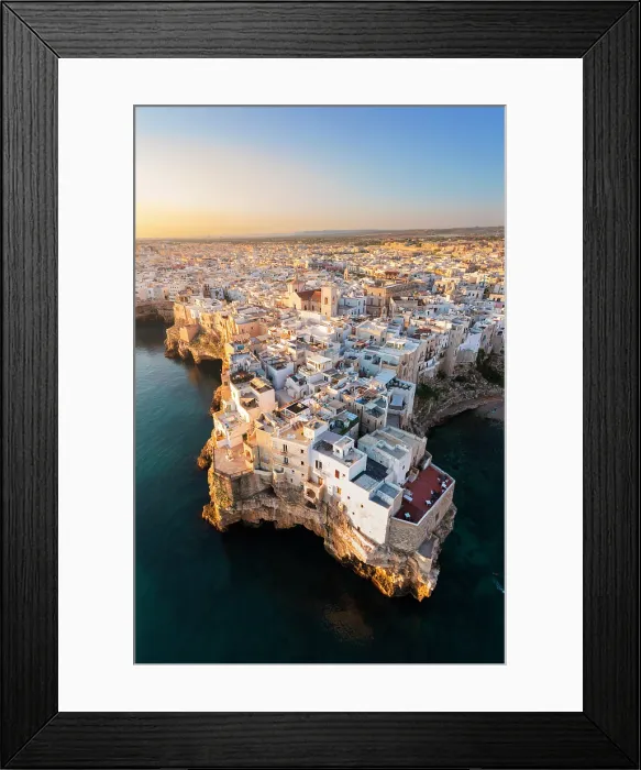 Framed Print : Aerial view of Polignano a mare at sunrise. Bari province, Apulia, Italy
