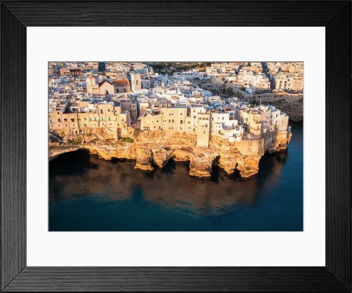 Framed Print : Aerial view of Polignano a mare at sunrise. Bari province, Apulia, Italy Framed Print : Aerial view of Polignano a mare at sunrise. Bari province, Apulia, Italy